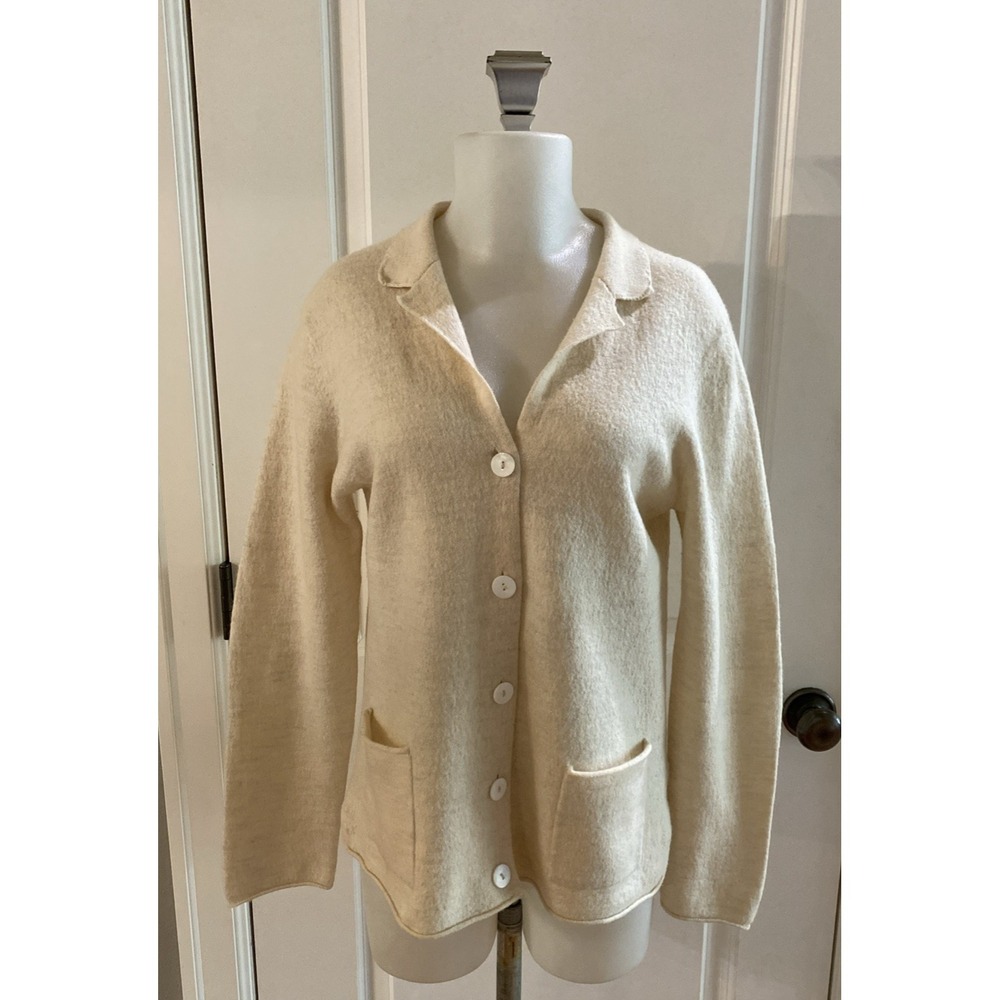 Gudrun Sjoden Ivory 100% Organic Wool Button Front Cardigan Sweater Size M